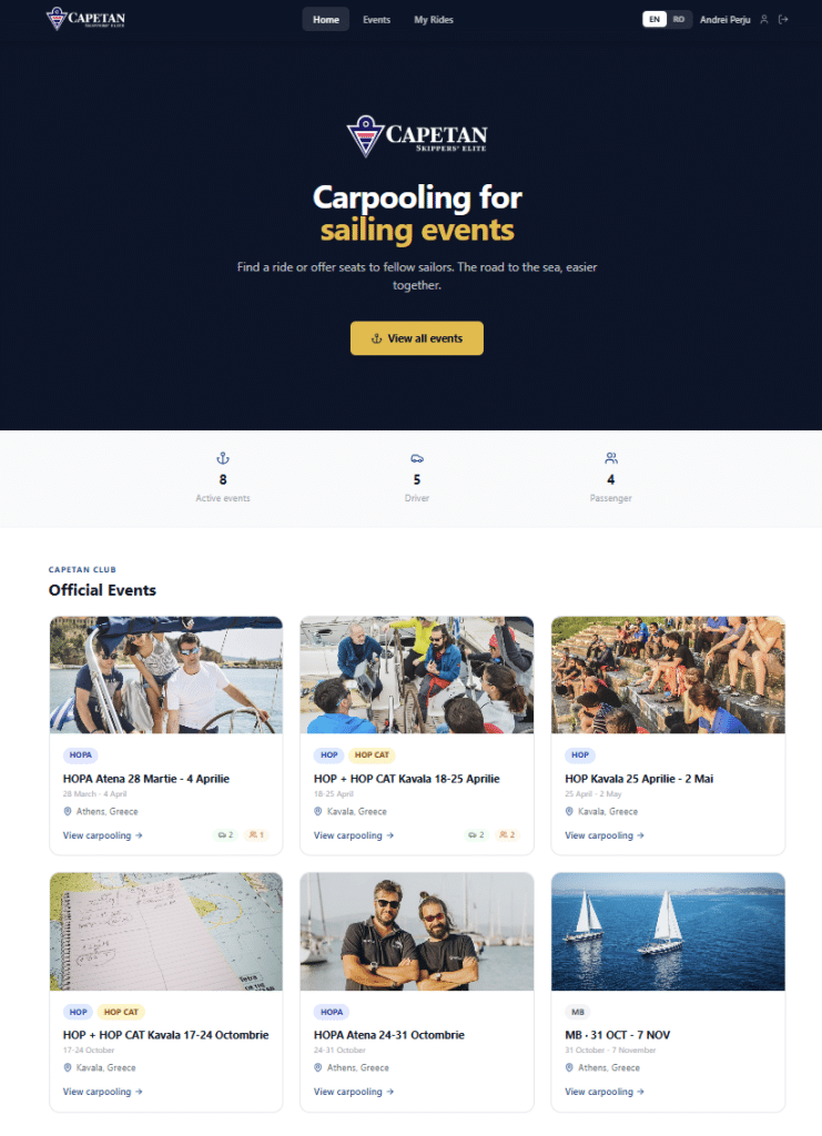 Capetan Carpool - Hauptanwendungsseite